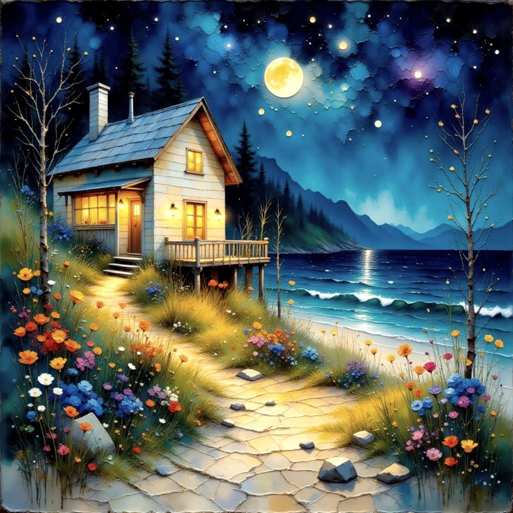 Cozy Seaside House with Warm Light, Watercolor Style