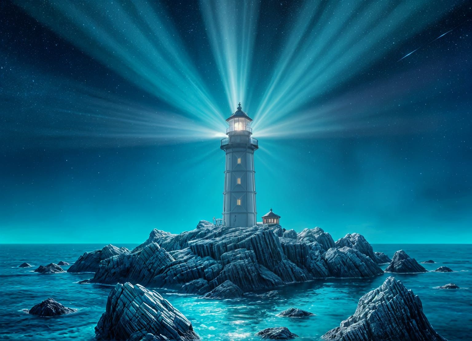 Hyperrealistic Lighthouse Beams Light Up Starry Night