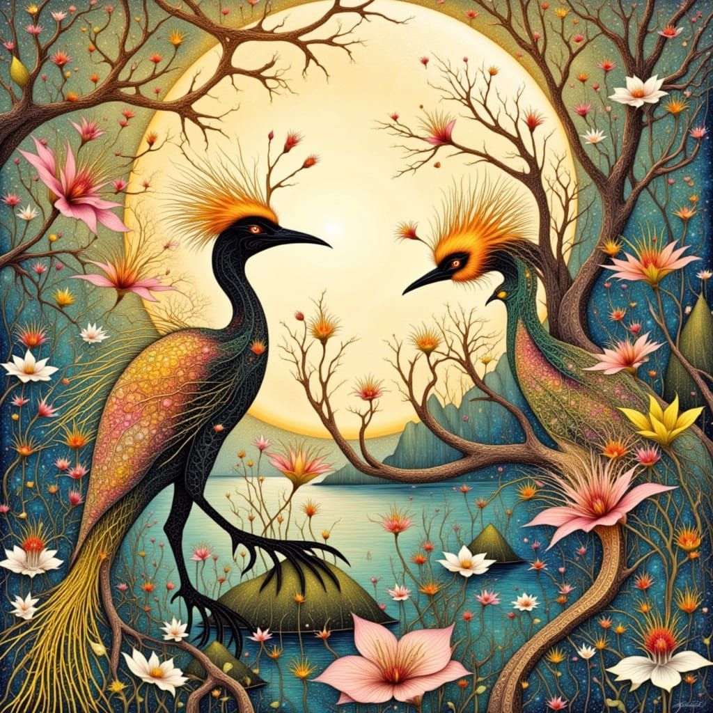 Golden Birds Under the Cream Moon