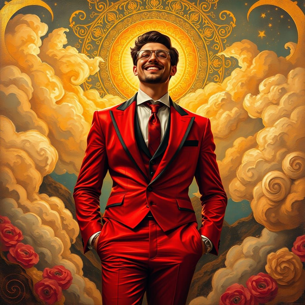 Golden Rockabilly Scientist in Dreamlike Landscape