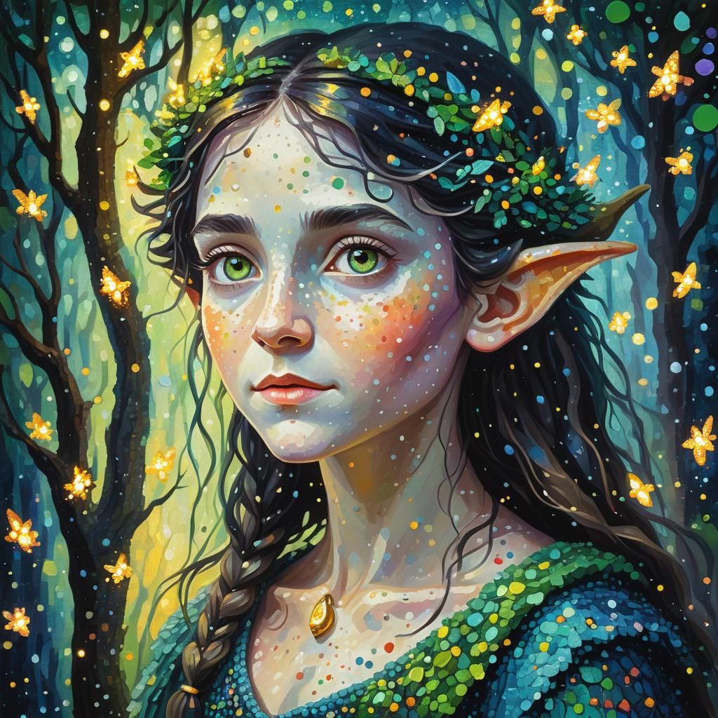Elven Wizard Portrait in Pointillism Style