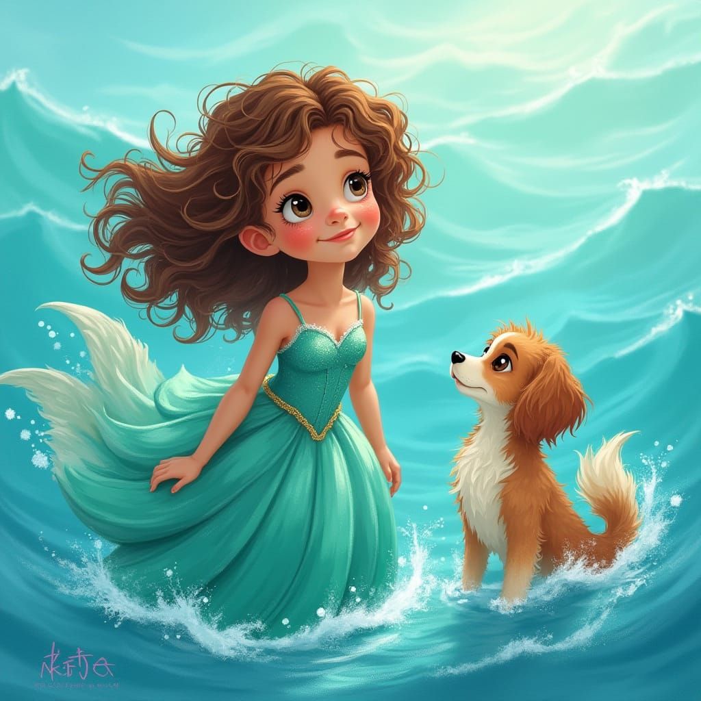 Girl with Oceanic Magic and Mermaid Dog in Whimsical Dreamli...