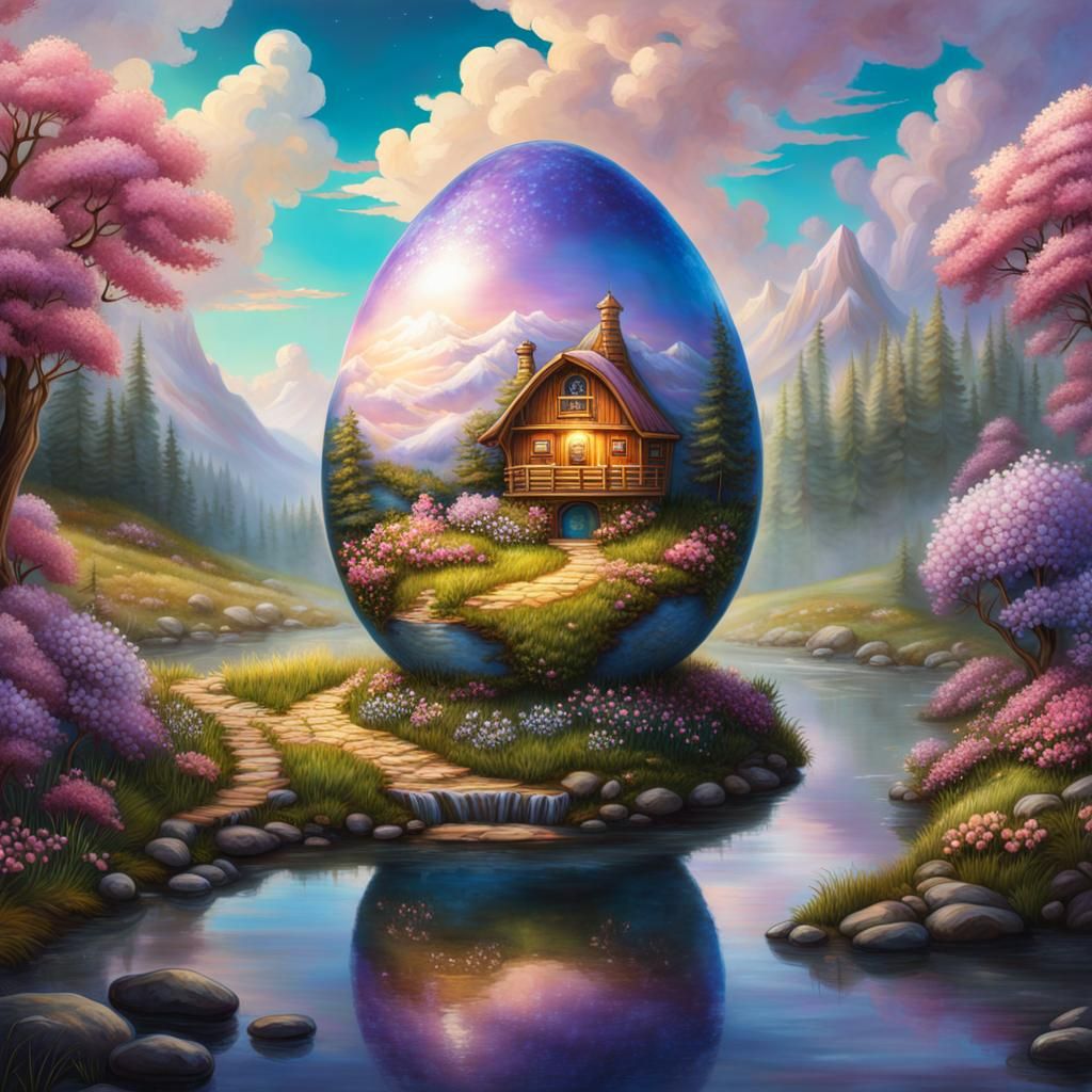 Cabin in Fabergé Egg Dreamscape: Maximalist Illustration