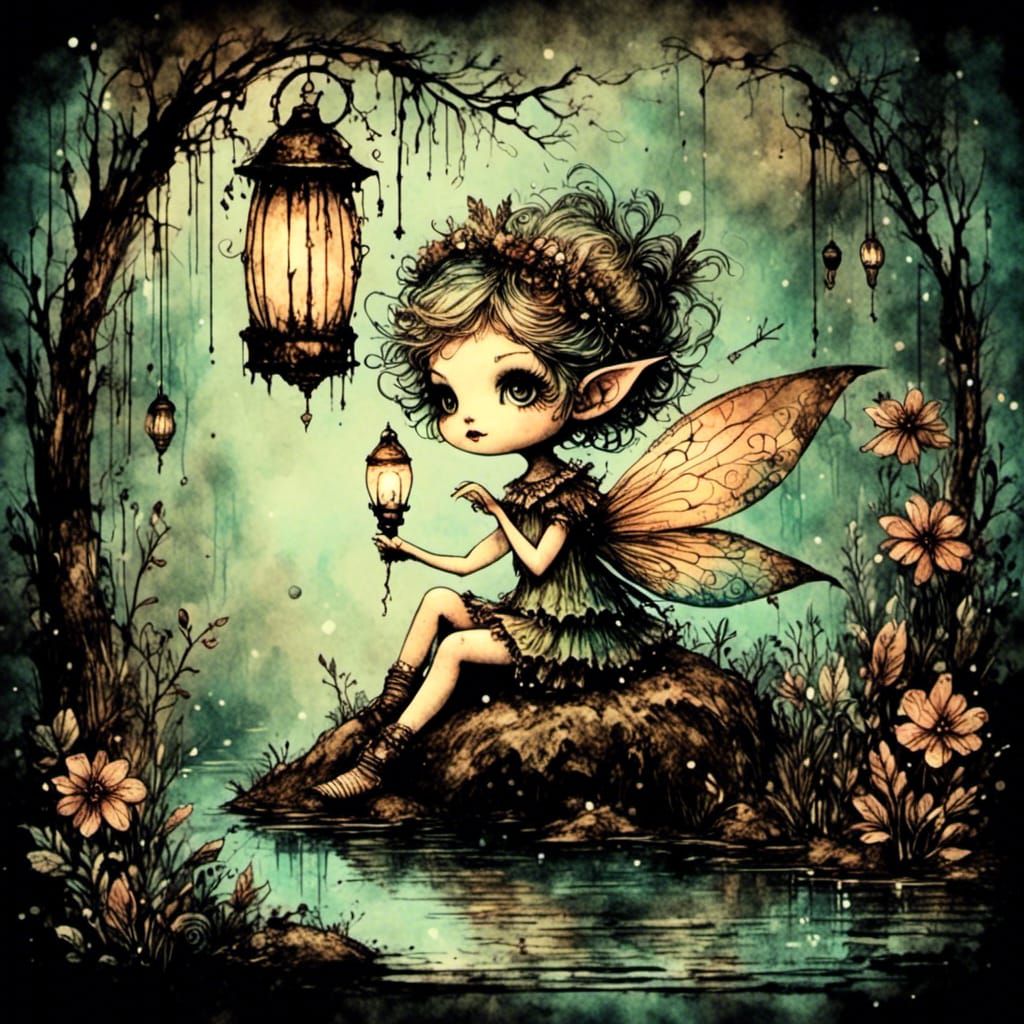Cute Pixie in Tropical Forest with Lantern