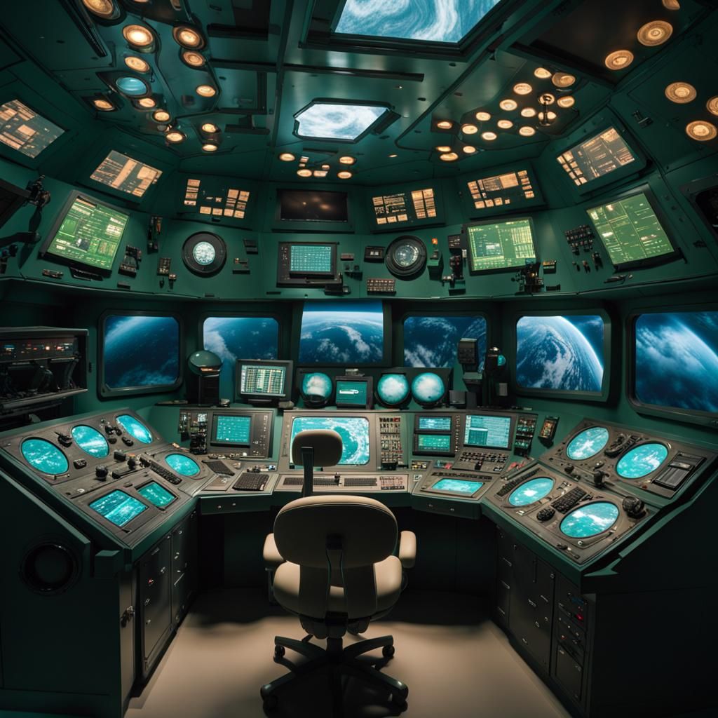 Spaceship Control Room Overlooking a Distant Planet