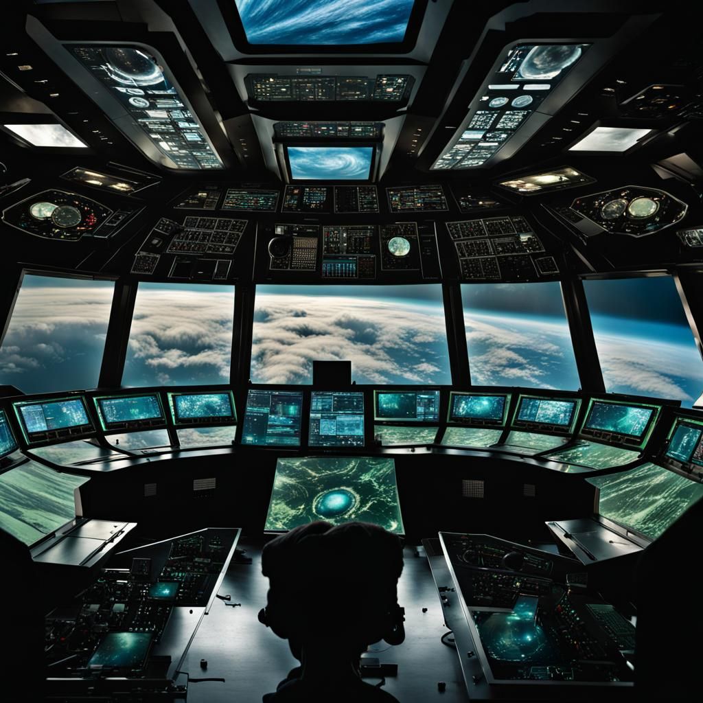 Spaceship Control Room View of Looming Planet