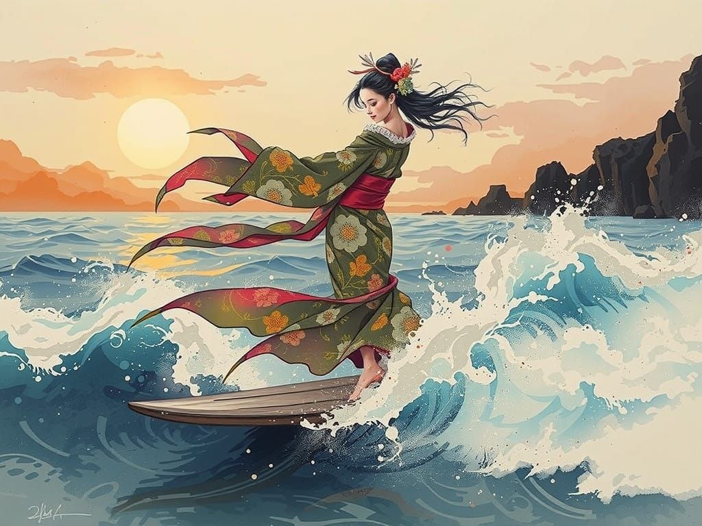 Serene Geisha Rides the Wave in Soft Watercolor