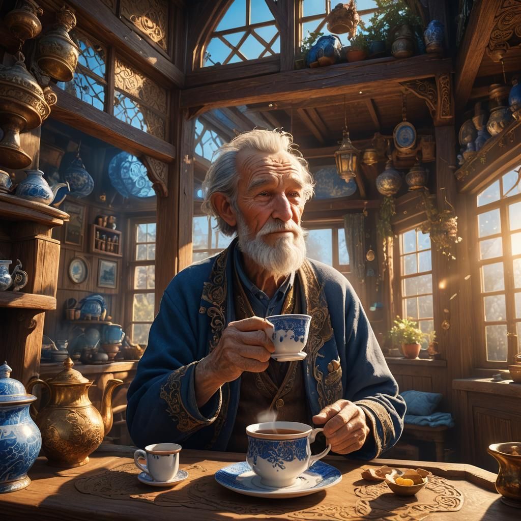 Old Man Enjoying Tea in Cozy Wooden House