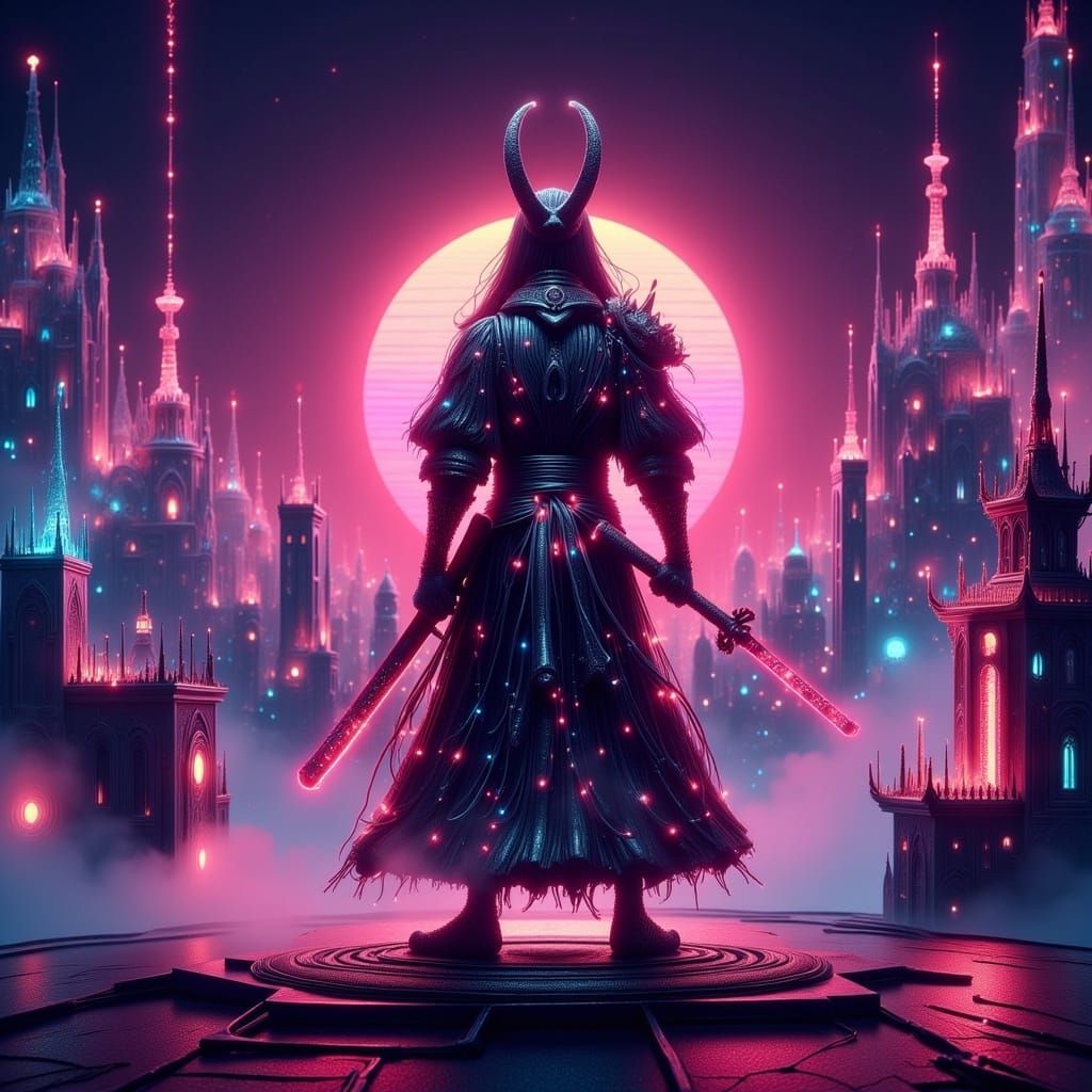 Cyberpunk Samurai with Katana on Neon Rooftop