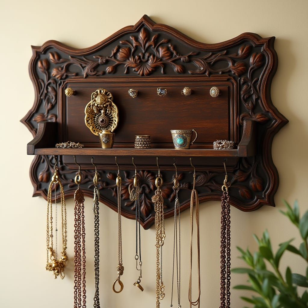 Dark Wood Jewelry Organizer with Brass Hooks and Shelf