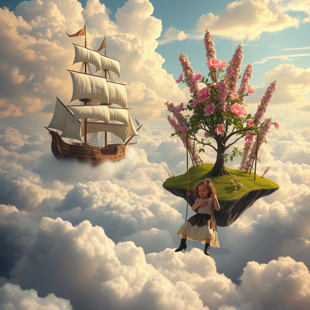 Picture a surreal scene of Magellan's expedition ship the Concepción sailing through a sea of clouds, its sails billowin...