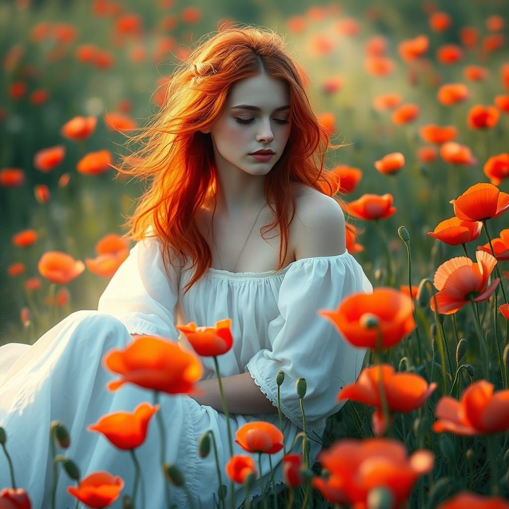 Woman in Poppy Field, Watercolor Art