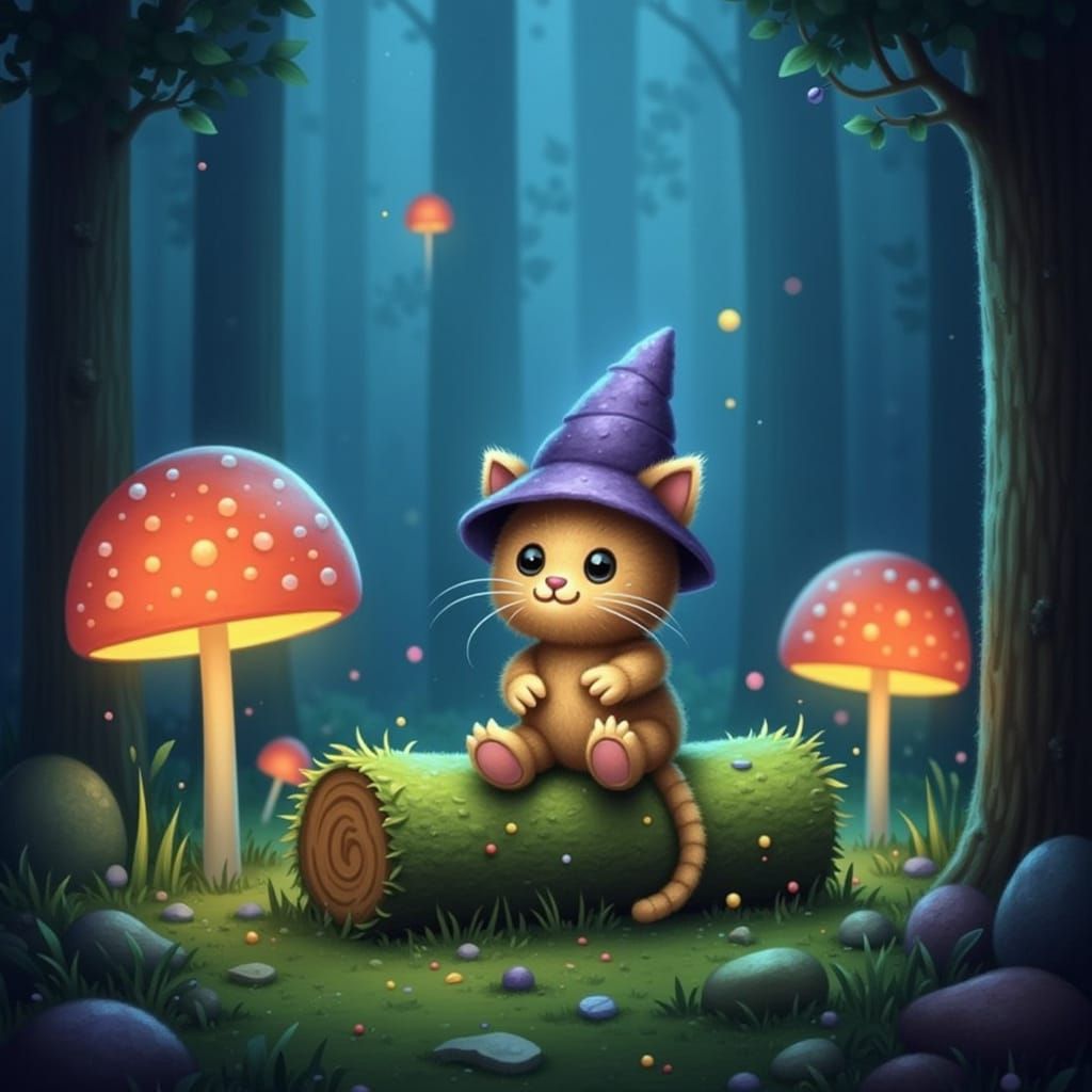 Fluffy Kitten Wizard in Enchanted Forest with Glowing Mushro...