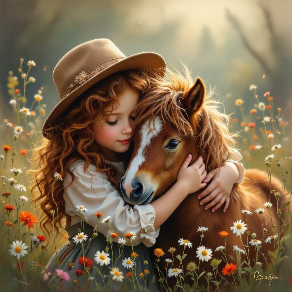 Girl Hugs Pony in Wildflower Meadow