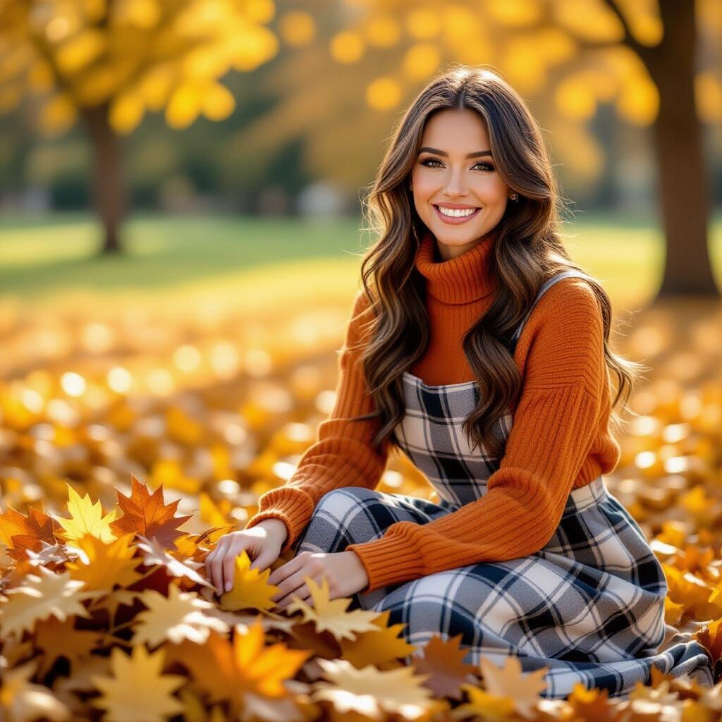 Woman in Plaid Dress Enjoys Autumn by Leaf Pile