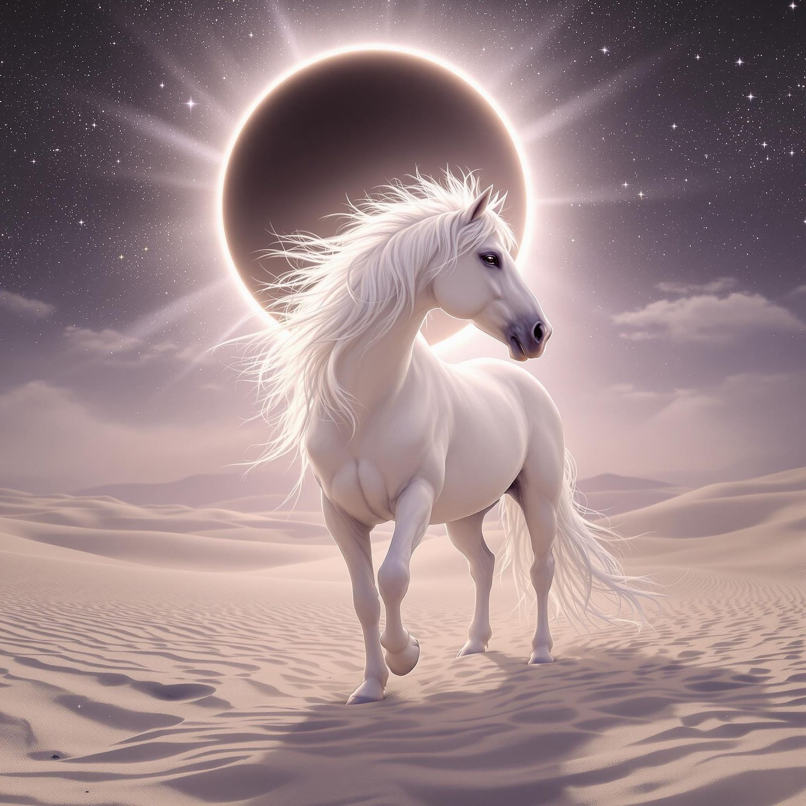 Majestic White Horse Under Solar Eclipse in Soft Pastels