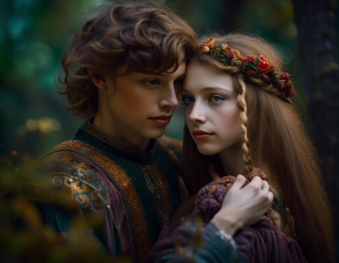 Teenage Knight and Princess in Pre-Raphaelite Forest
