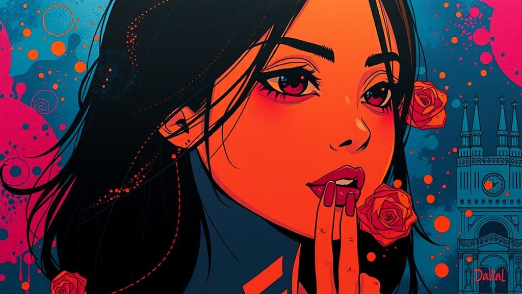 Anime Woman in Silhouette Pointillism Style