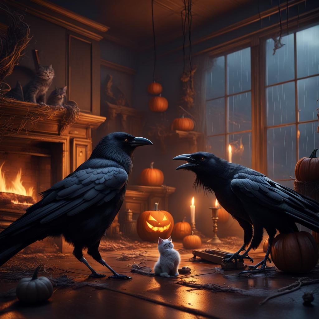 Crow and Cat Play in Cozy Halloween Home