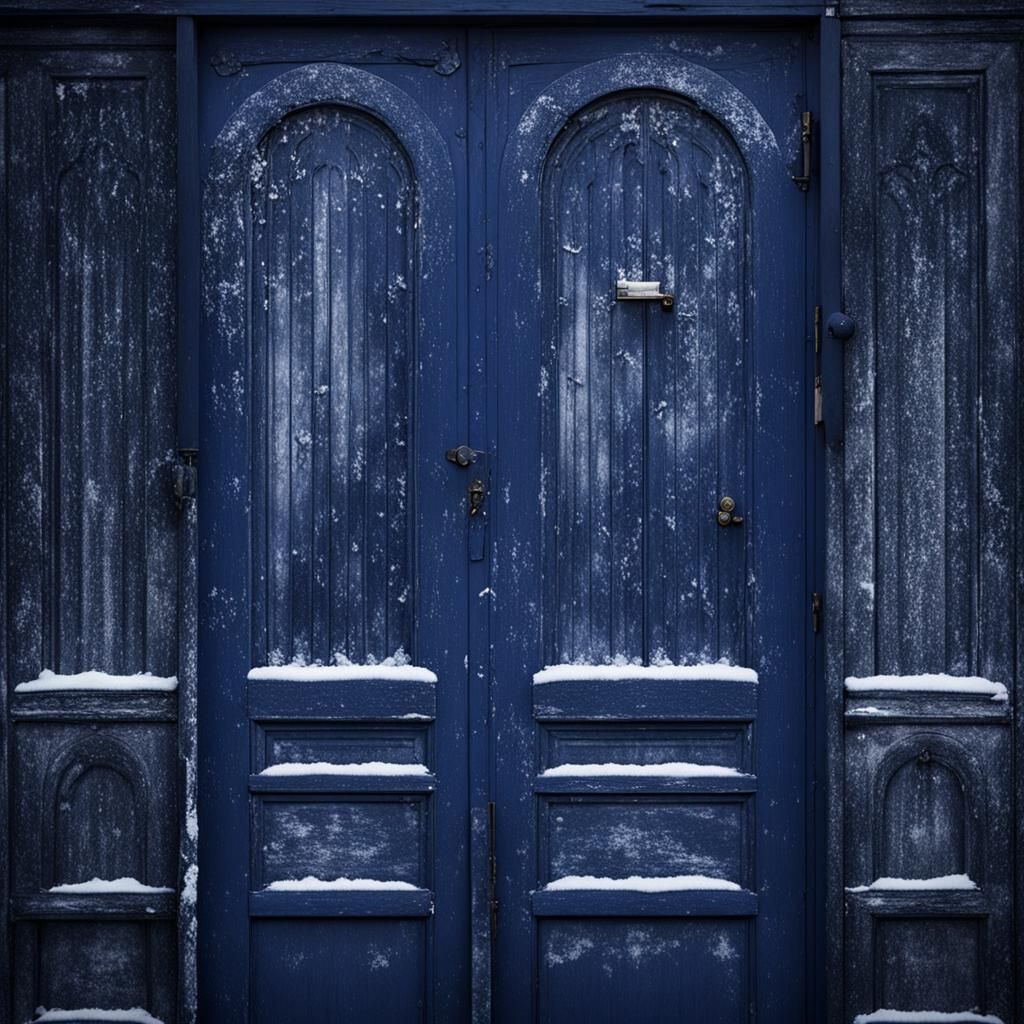 Icy Dark Blue Doors in Winter Frost