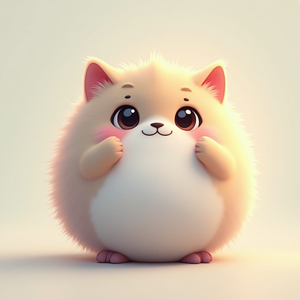 Adorable Fluffy Spherical Cartoon Cat with Expressive Eyes