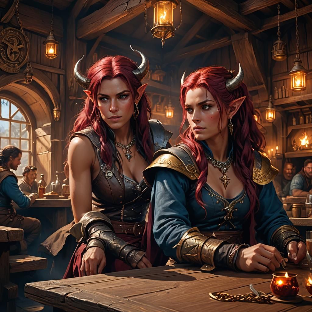 Tiefling Female Warrior in Tavern, Dark Fantasy Art