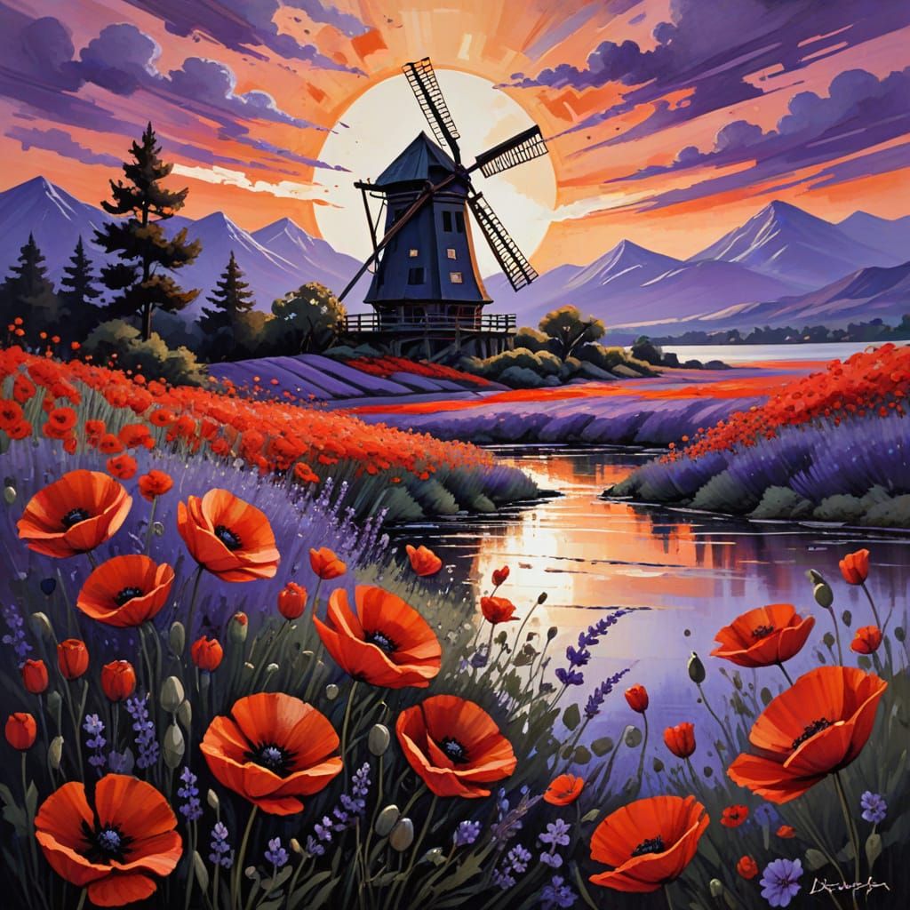 Impressionist Windmill Landscape with Poppies and Lavender