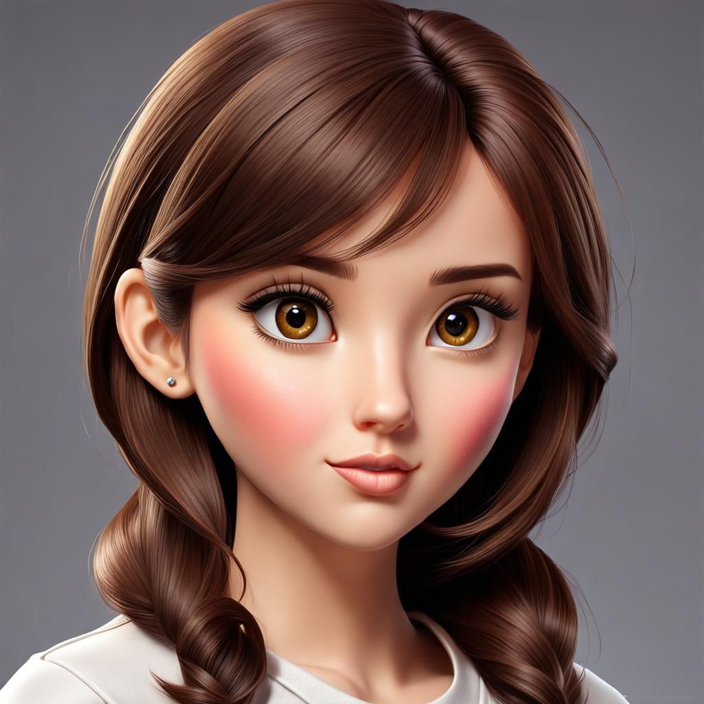 Realistic Cartoon Girl with Brown Hair