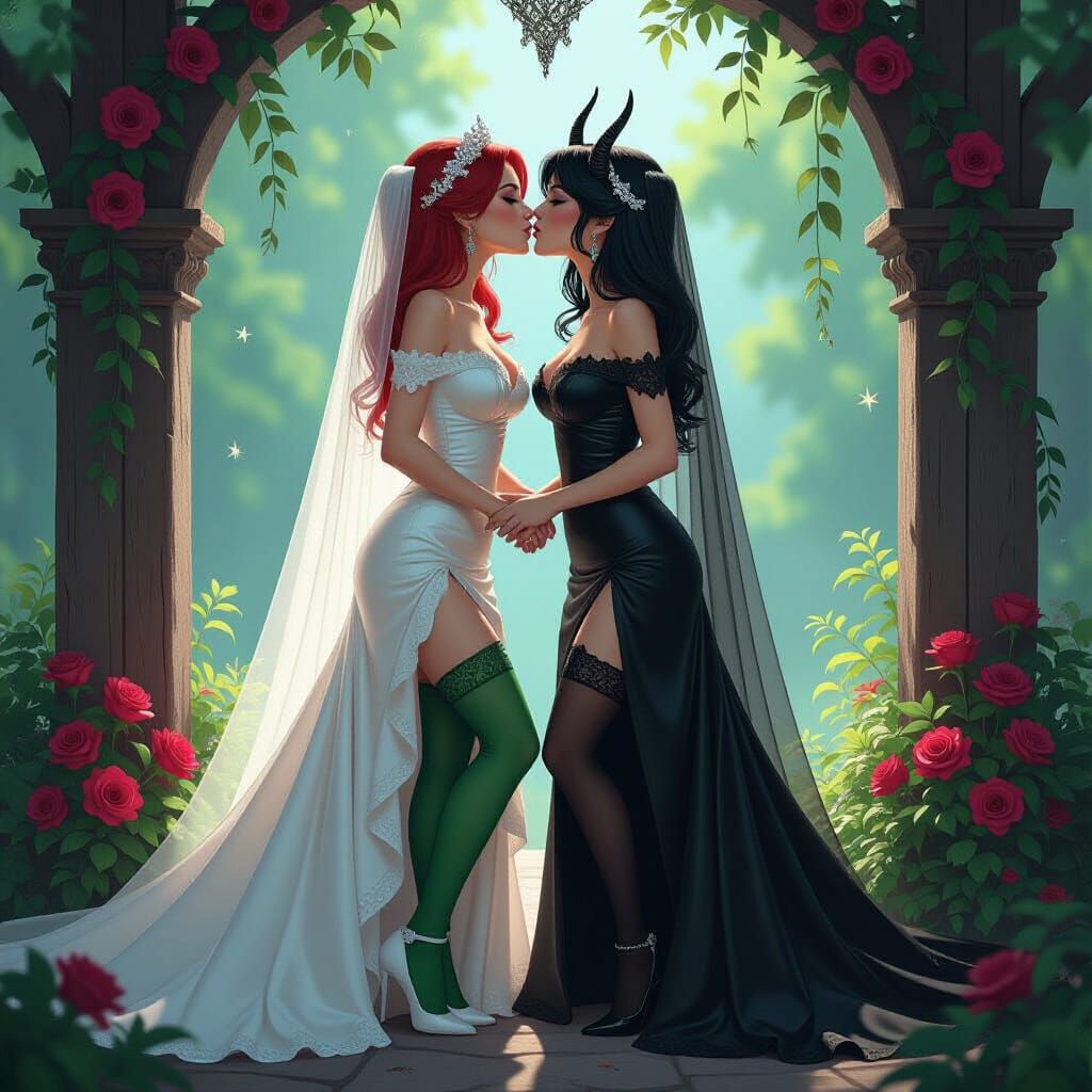 Demon Ladies' Whimsical Wedding Kiss in Mystical Style