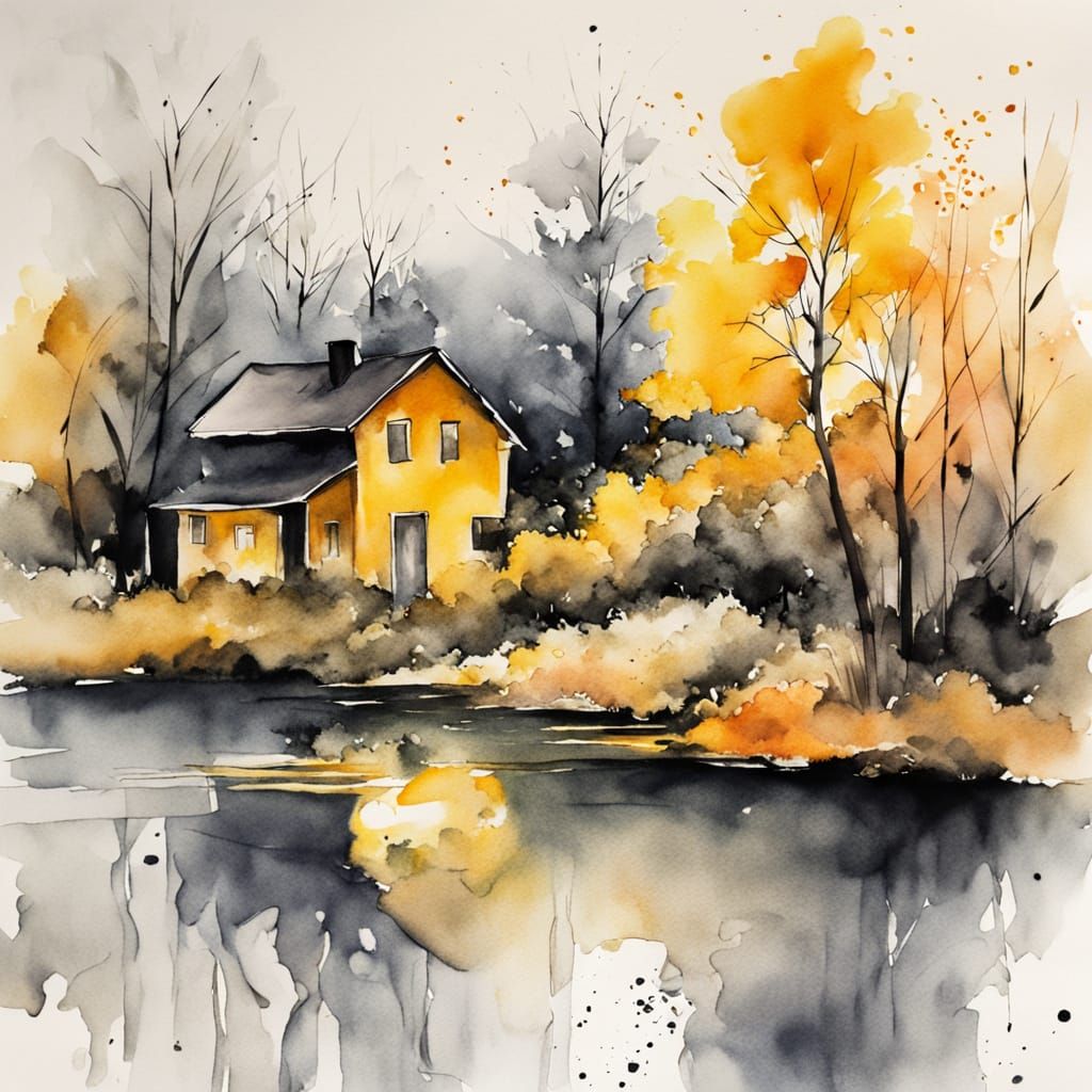 Watercolor House with Ink Brushstrokes in Autumn
