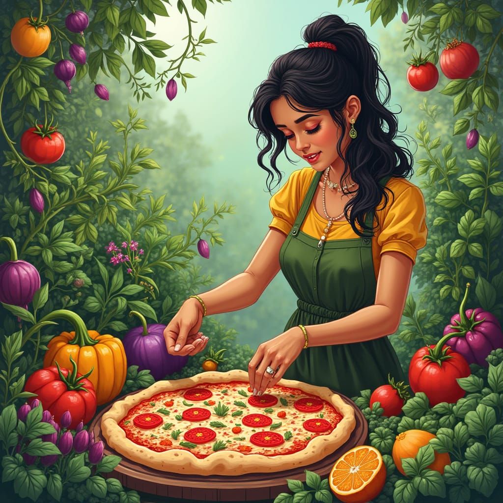 Woman in Pizza Garden as Digital Art