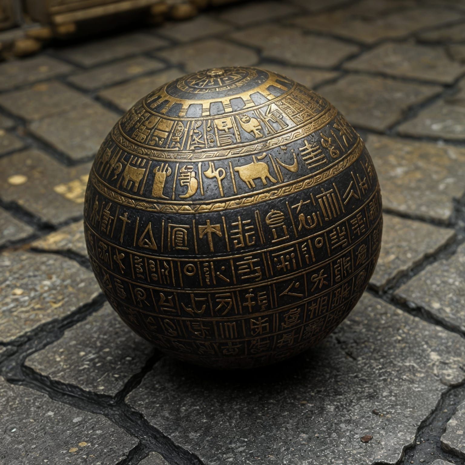Ancient Bronze Sphere with Gold Runes