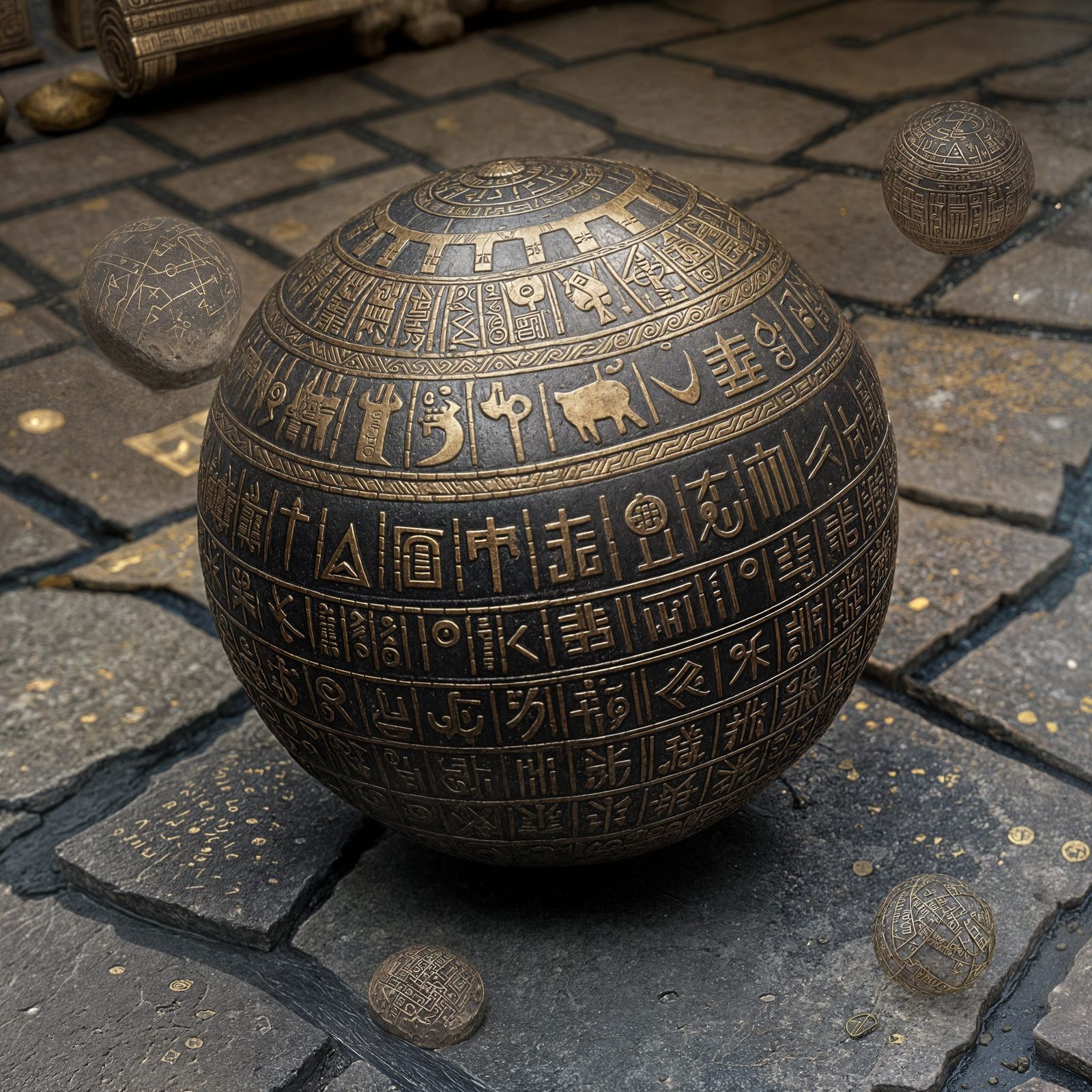 Bronze Sphere with Rune Inlay on Ancient Stone Floor