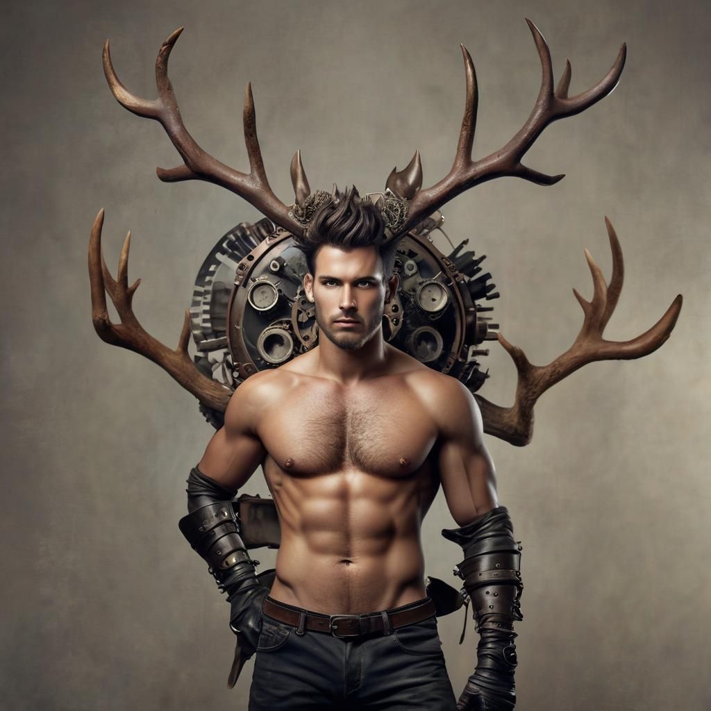 Steampunk Antlered Man: A Striking AI Portrait