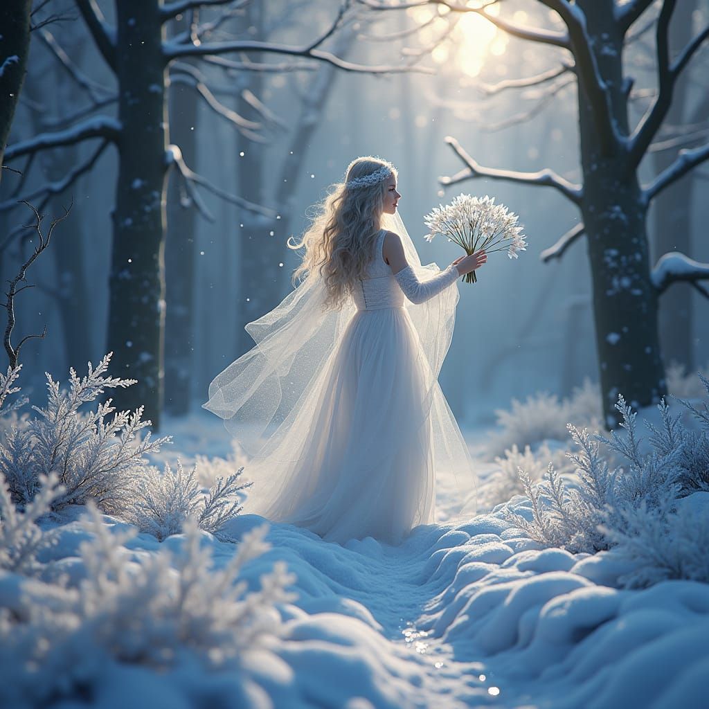 Mystical Winter Spirit Conjures Edelweiss in Forest