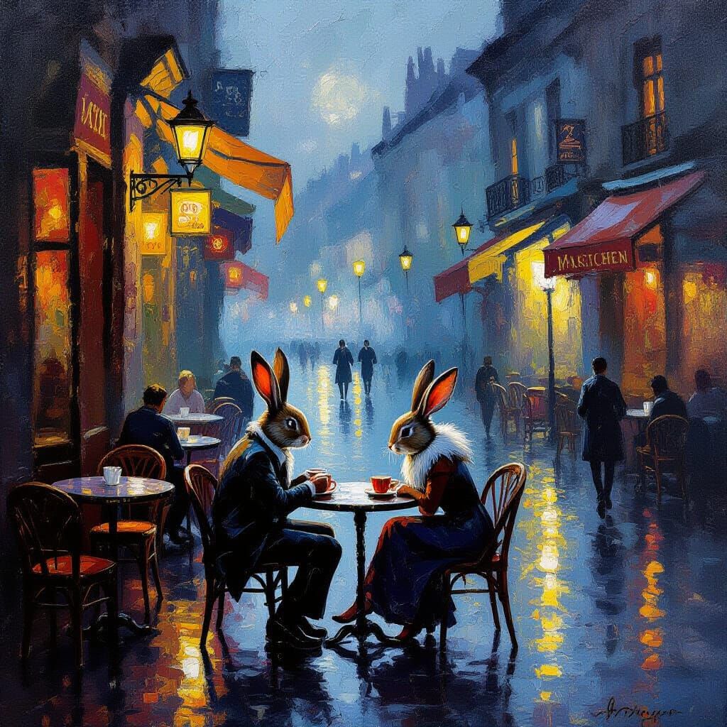 Impasto Painting of Rabbits in Romantic Indian Cafe