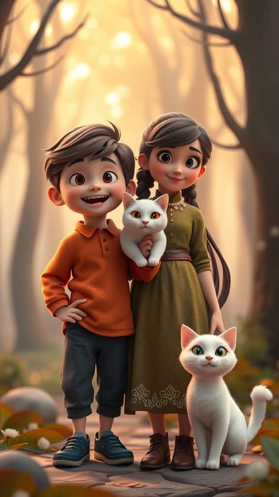 Children in Enchanted Forest, 3D Storybook Illustration