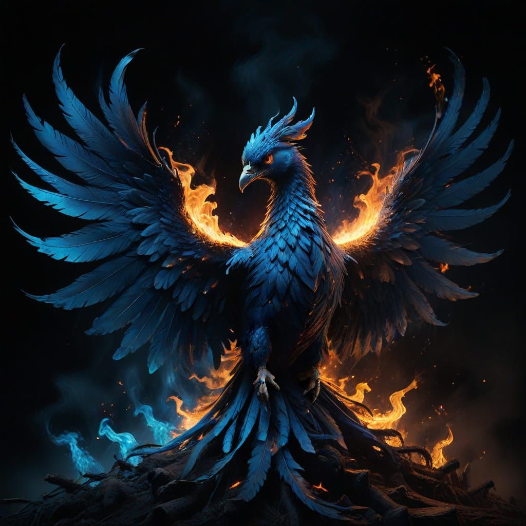 Majestic Blue Phoenix with Dark Flames