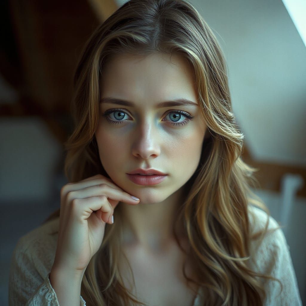Sad Woman with Blue Eyes in Dreamlike Setting