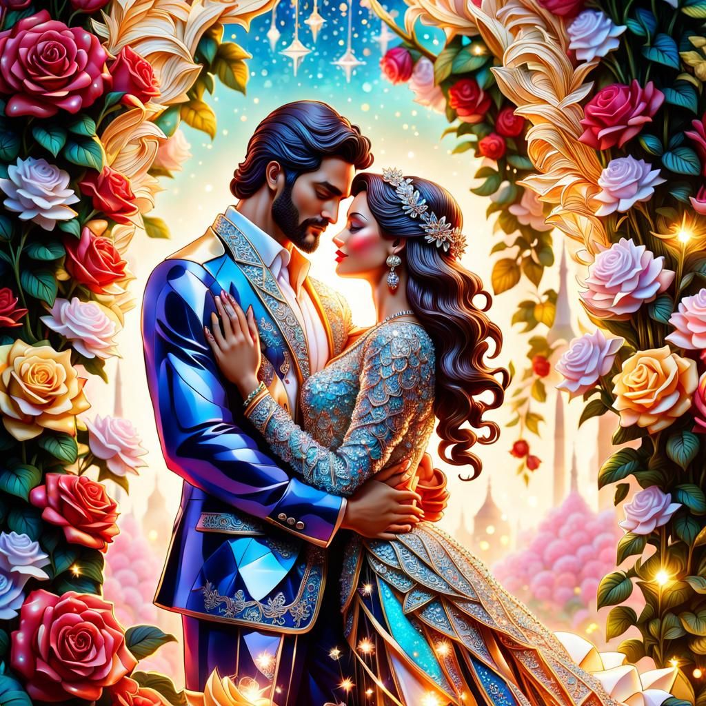 Ornate Crystal Figurine of Loving Couple in Rococo Style