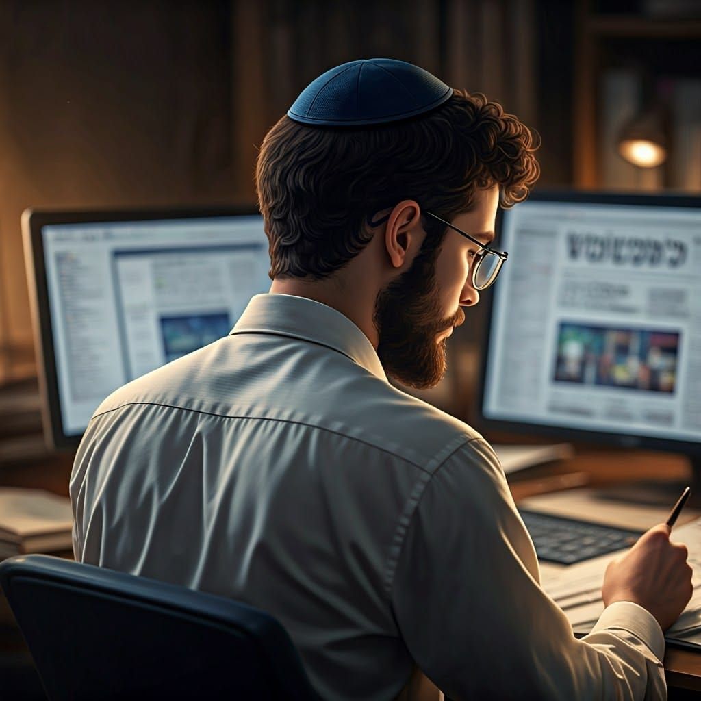 Hasidic Man Designs Newspaper in 3D Anime Art