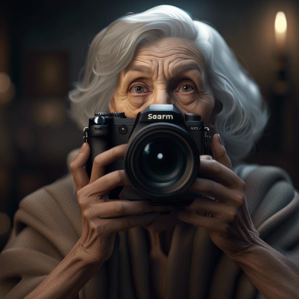Detailed Portrait of Elderly Woman Holding Camera