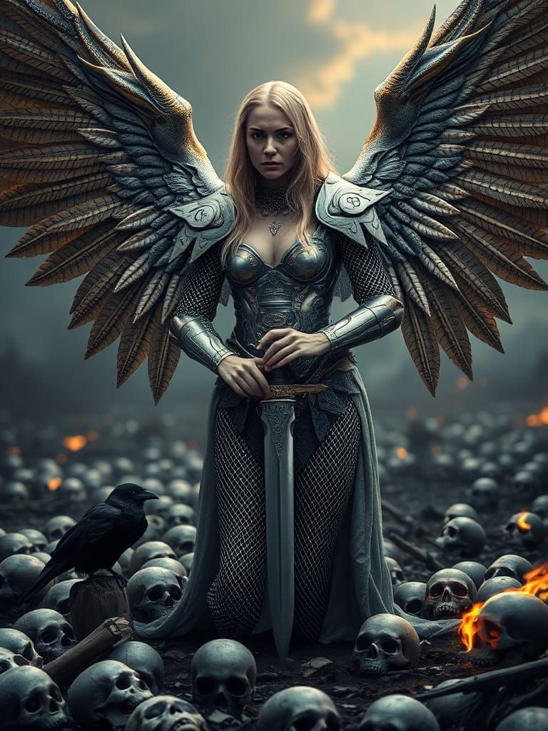Grief-Stricken Archangel on Battlefield with Flaming Sword