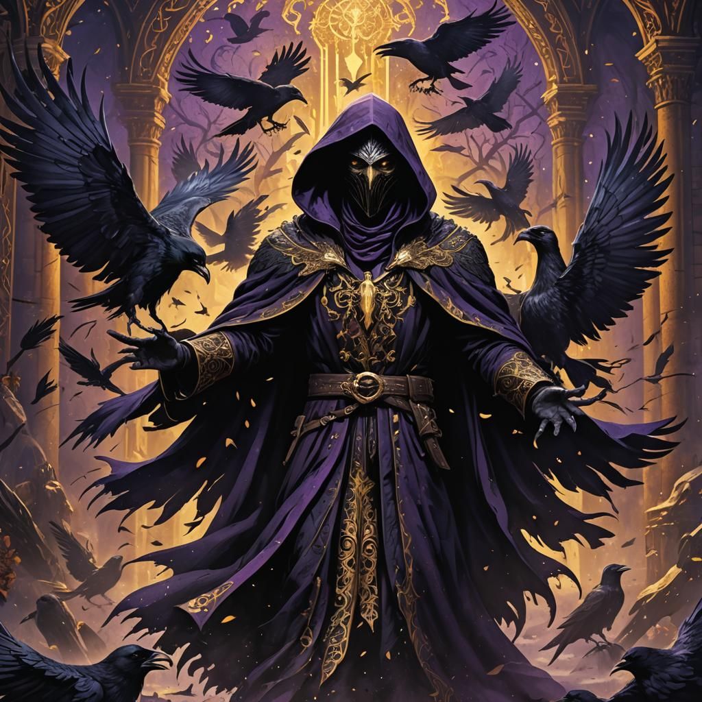 Hooded Figure Confronted by Ravens in Dark Fantasy Style
