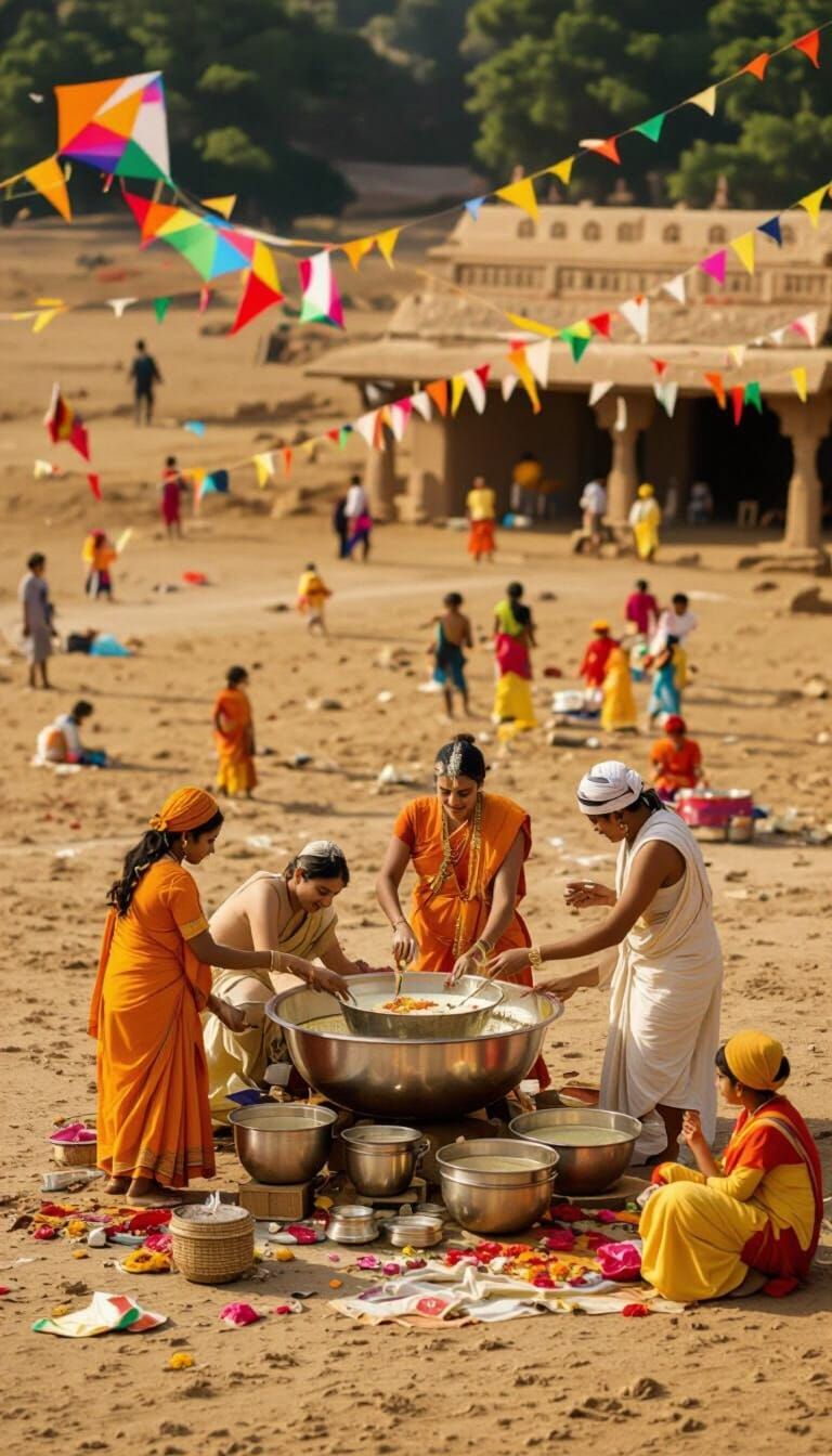 Khir Prasadam Preparation with Colorful Kites