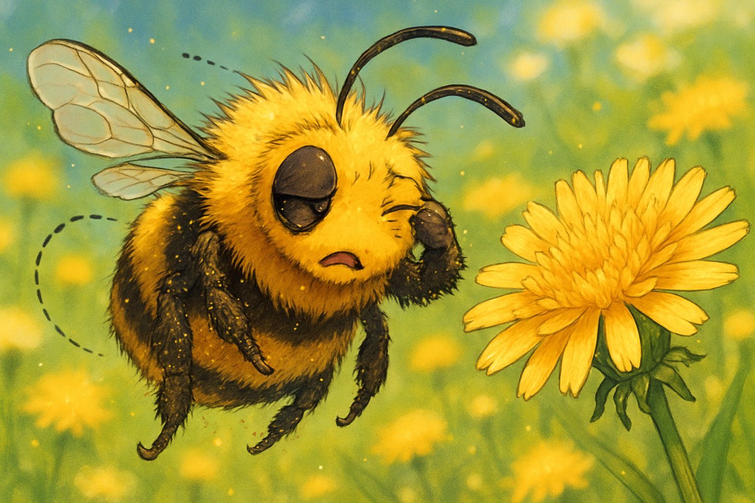 Sleepy Bumble Bee in Anime Style Dandelion Meadow