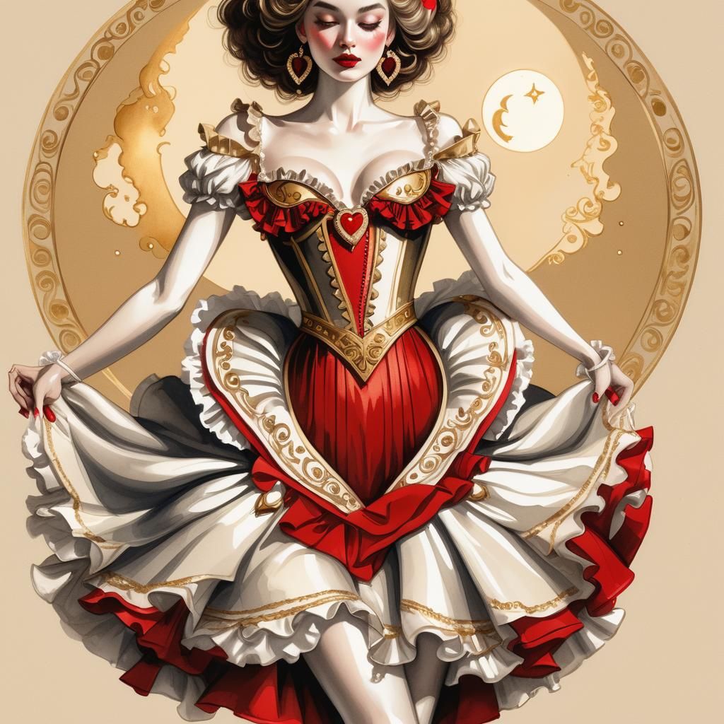 Baroque Fashion Illustration with Crescent Moon Details