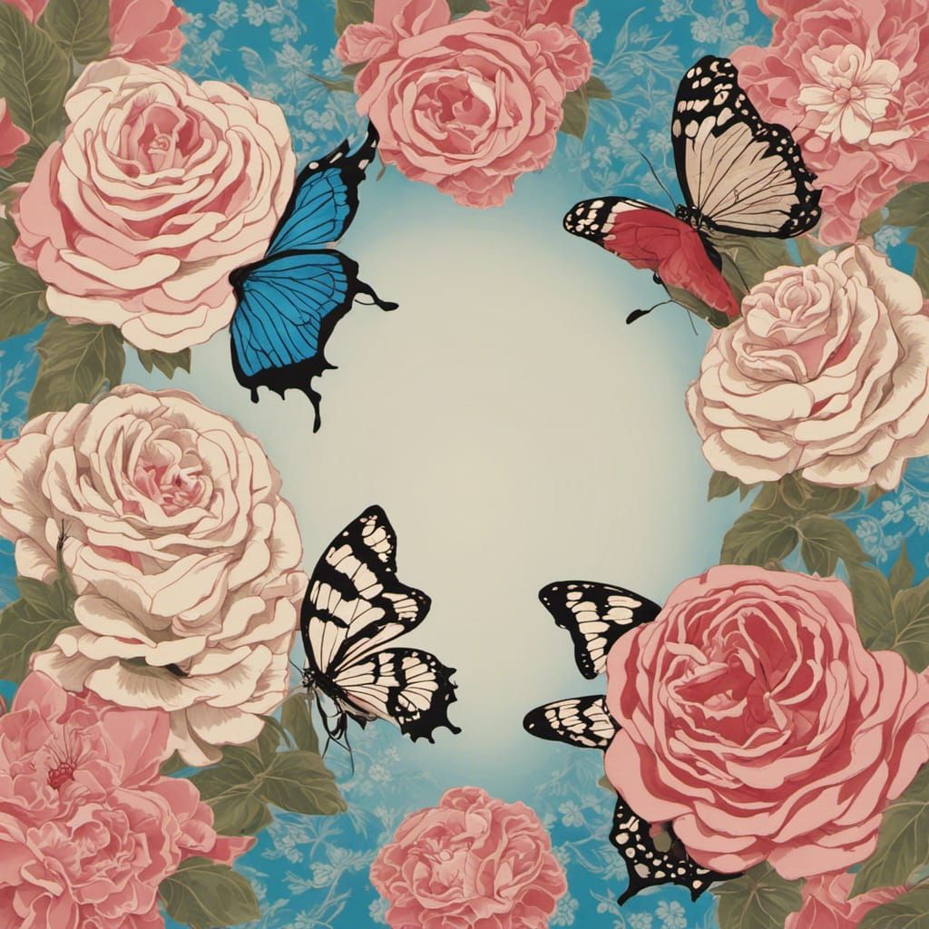 Japanese Wood Print: Roses and Butterflies
