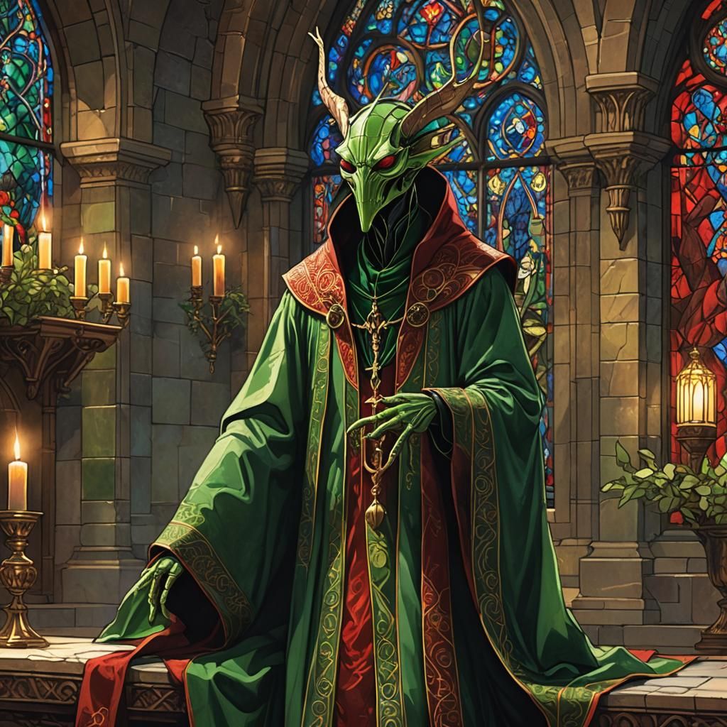 Praying Mantis Cleric in Gothic Chapel