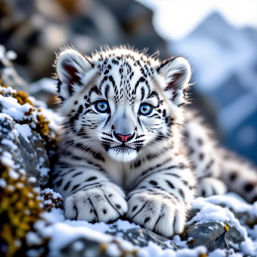 Hyperrealistic Baby Snow Leopard in Mountain Habitat